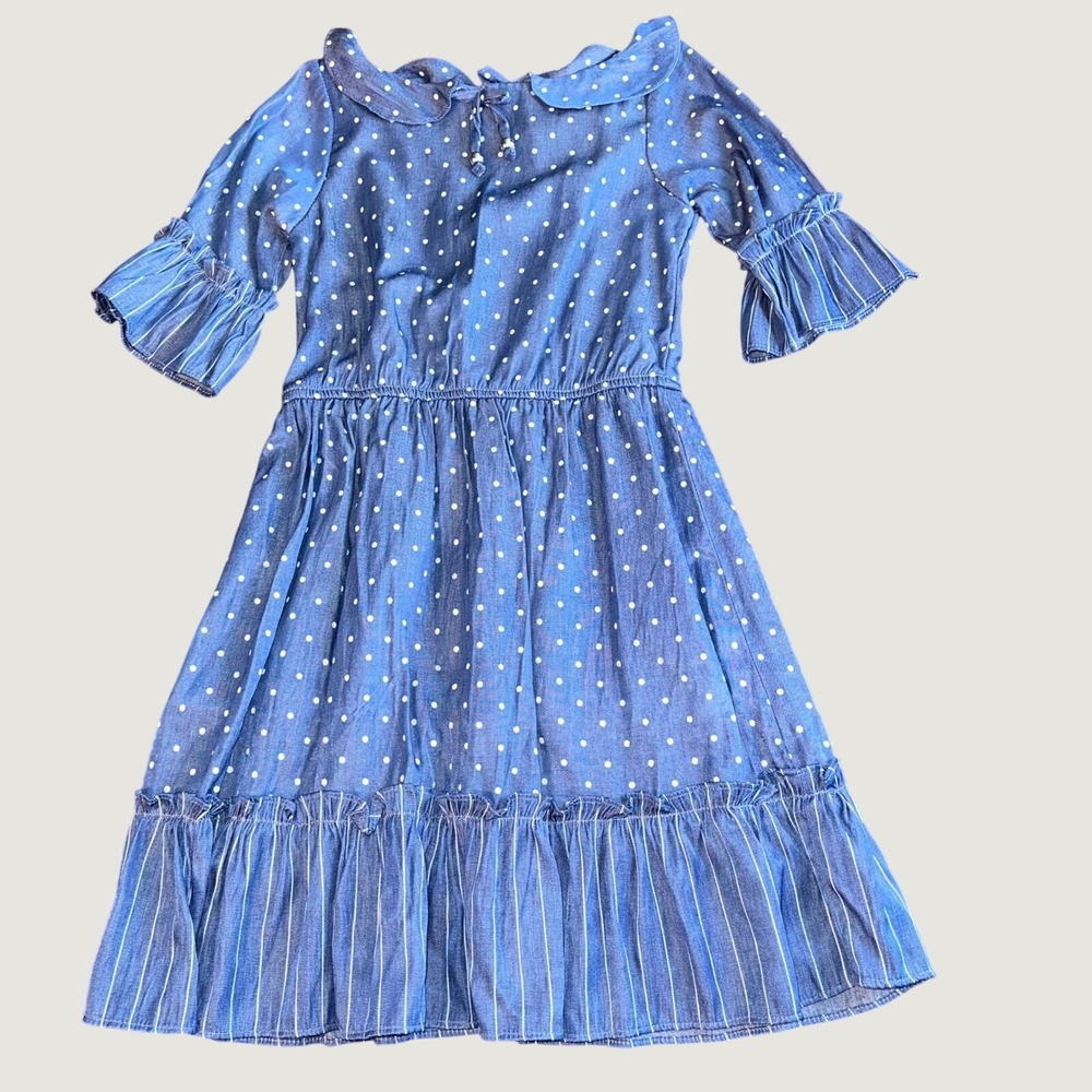 Tiny Girl Blue Polka Dot Striped Ruffle Dress Peter Pan Collar Size 28 70cm